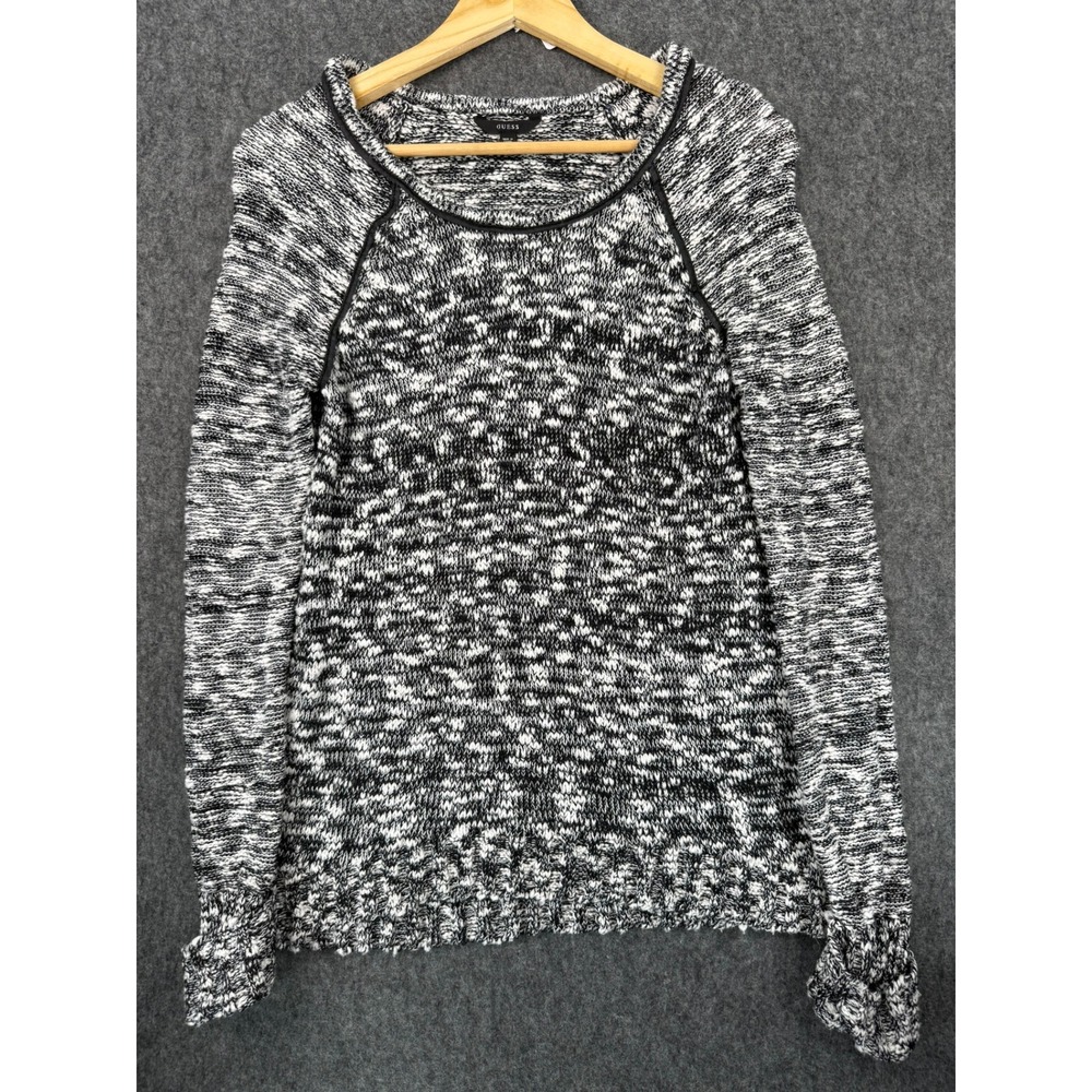 Guess Womens Black White Marled Knit Sweater Faux Leather Trim Crew Neck Medium